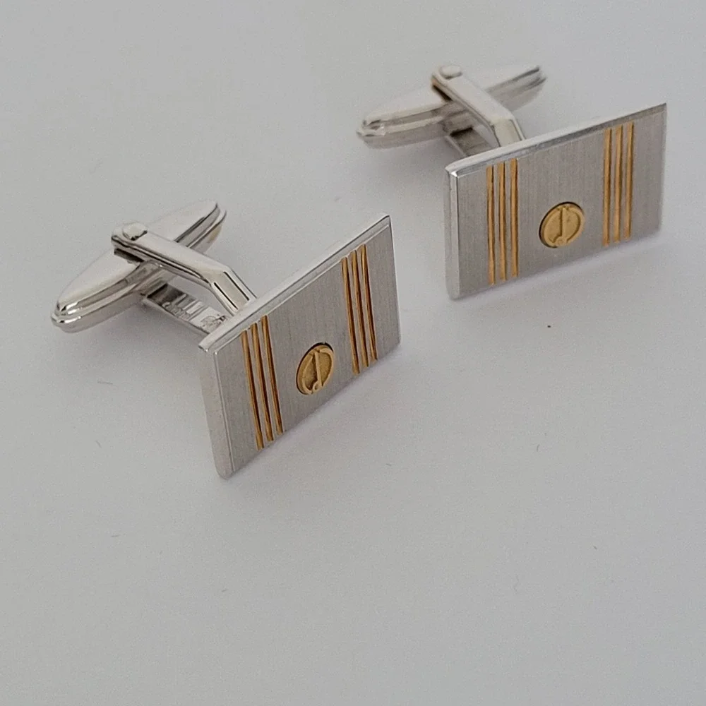 Alfred Dunhill Vintage Two Tone Silver Gold Rectangle Logo Toggle Cufflinks